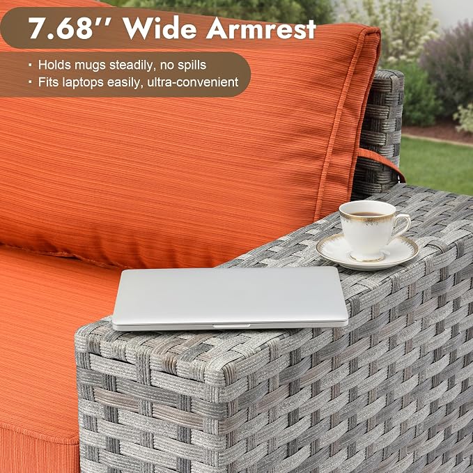 6 Pieces Patio Furniture Set, Wicker Outdoor Sectional Sofa with Coffee Table Comfy Cushions, Modern Modular Deep Seat Rattan Couch Conversation Set for Backyard Porch Yard,Orange
