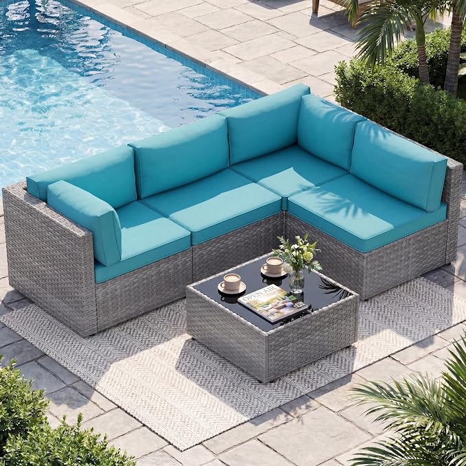 5 Piece Outdoor Patio Furniture Set, Silver Rattan Wicker Sectional Sofa, All Weather Conversation Set with Washable Cushions & Glass Coffee Table for Backyard Poolside Garden Porch,Blue