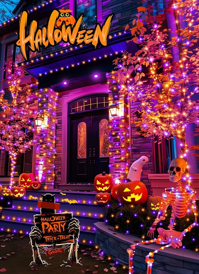 Minetom Halloween Solar Lights Outdoor,4Pack Total 160FT Halloweeen Light | 400 LED String Lights with 8 Lighting Modes,Black Wire Waterproof Solar String Lights for Outside Tree Party, Orange & Purple