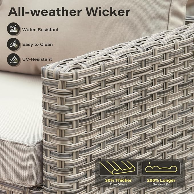9 Pieces Outdoor Sectional Patio Furniture Set with 42" Fire Pit,Conversation Sets Rattan Wicker L Shaped Couch Swivel Rocking Chairs,Modular Outdoor Sofa for Porch Balcony Backyard Beige