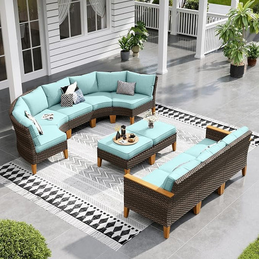 Sophia & William Outdoor Wicker Sectional Sofa Set, 10 Piece Half Moon Curved Patio Furniture Modern Outdoor Couch Conversation Set with Ottoman for Backyard, Pool, Garden(Aqua Blue)