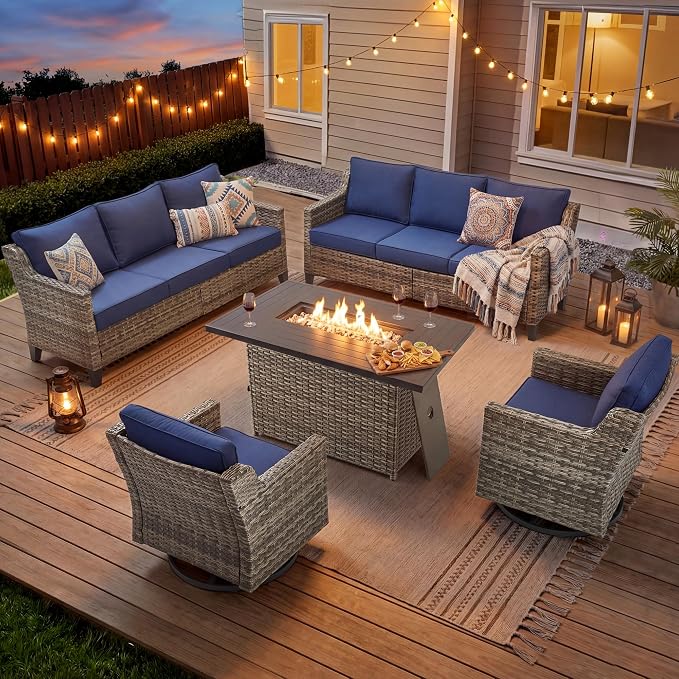 5 Pieces Patio Furniture Set with 42.5" Fire Pit Table-All Weather Wicker Outdoor Furniture with High Back Wicker Patio Chairs Set of 2 Outdoor Couch for Deck Backyard Gray/Blue