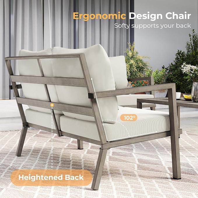 HAPPATIO Aluminum Patio Furniture Set, 4 Pieces Conversation Set with Thick Cushions and Coffee Table, All Weather Loveseat Waterproof and Rustproof for Garden, Backyard, Porch, Grey