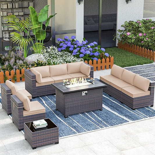 Outdoor Patio Furniture Set with Fire Pit Table, 10 Pieces Outdoor Furniture Set Patio Sectional Sofa w/43in Propane Fire Pit, PE Wicker Rattan Patio Conversation Sets - Brown