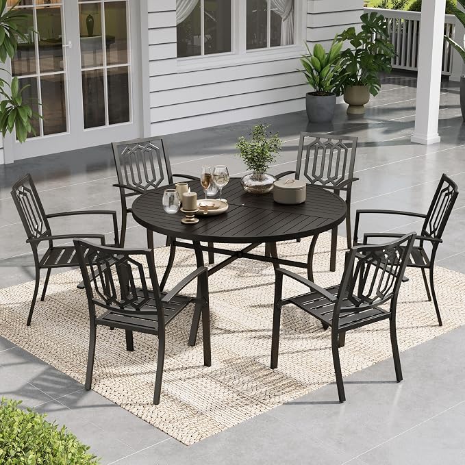 Sophia & William Round Patio Table and Chairs Set, Outdoor Dining Set for 6 | 7 Piece Metal Patio Furniture, 54" Black Table,For Patio, Garden and Yard