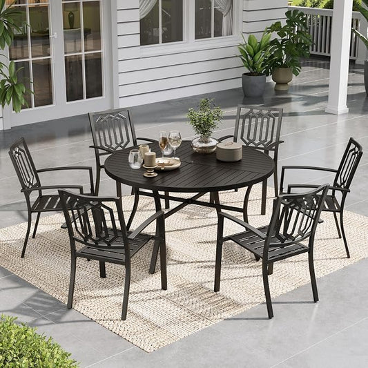 Sophia & William Round Patio Table and Chairs Set, Outdoor Dining Set for 6 | 7 Piece Metal Patio Furniture, 54" Black Table,For Patio, Garden and Yard