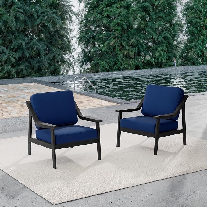 Outdoor Patio Furniture Set, 2 Piece Outdoor Patio Sofa Armchairs with Washable Thick Cushions, All-Weather Solid Wood Patio Bistro Set for Porch, Balcony, Black Frame & Navy Cushion