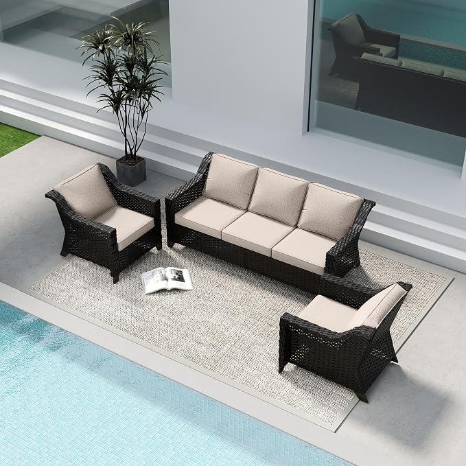 5 Pieces Patio Conversation Furniture Set - 1 Sofa, 2 Armchairs, 2 Ottomans, Outdoor Wicker Furniture with Removable Cushions for Porch, Balcony, Sunroom (Beige)
