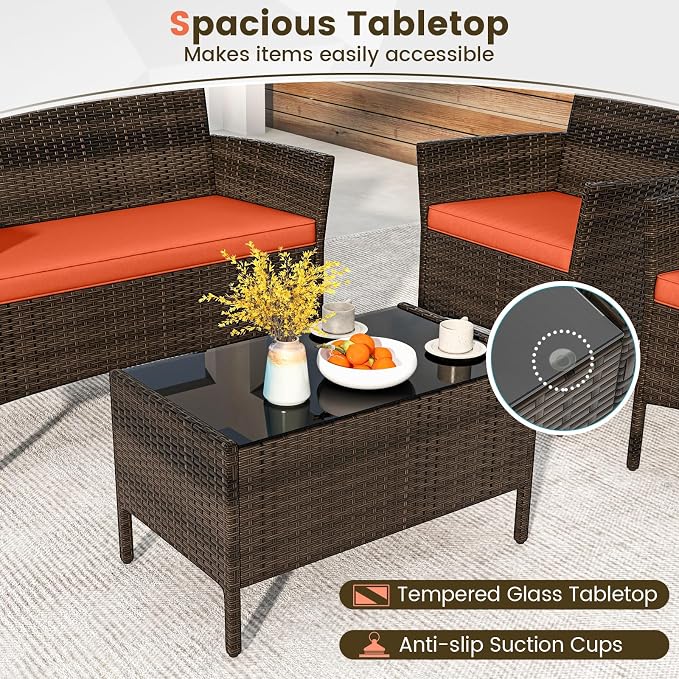 ORALNER 4 Pieces Patio Furniture Set, Rattan Chairs Loveseat with Soft Cushion and Glass Table, Outdoor Wicker Conversation Set for Balcony Garden Backyard Porch Poolside (Orange)