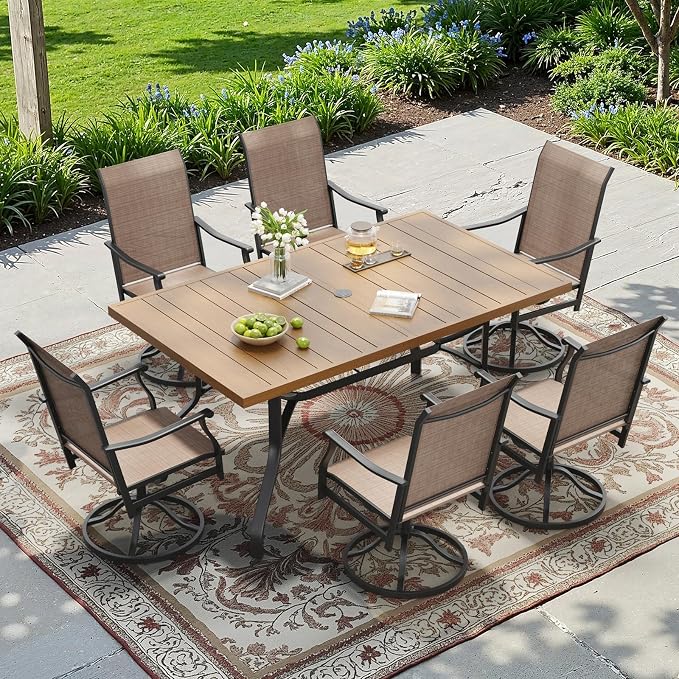 Soohow Outdoor Patio Table with 1.57" Umbrella Hole, 60"x35" Outdoor Dining Table Wood-Like Texture, All-Weather Metal Frame Patio Dining Tables for Poolside, Deck, Proch