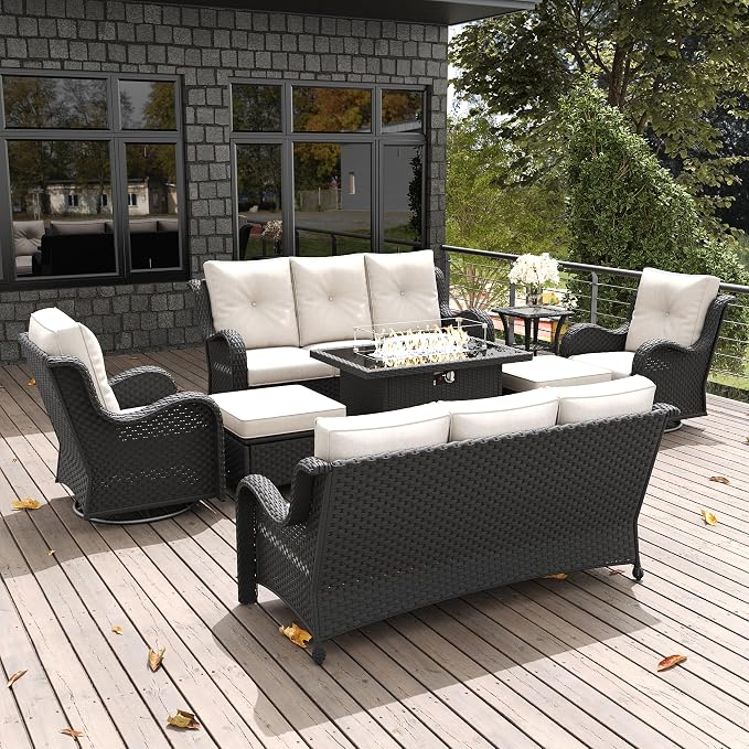 LayinSun 8 Pieces Outdoor Patio Furniture Set with Fire Pit Table, Rattan Wicker Sectional Swivel Rocker Chairs Sets with Ottomans, Swivel Glider Chair and Coffee Table