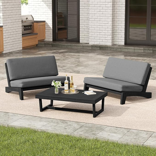 3 Pieces Patio Furniture Sets, All-Weather Outdoor Wood Bistro Set Patio Conversation Coffee Table Chiars and Patio Loveseat for Balcony, Backyard