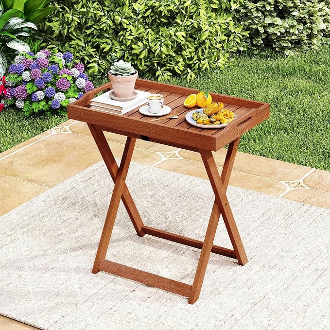 Giantex Outdoor Side Table Set of 2, Wooden Folding Table with Removable Tray Top, Food Serving Tray with Stand for Patio, Porch, Garden, Backyard & Poolside