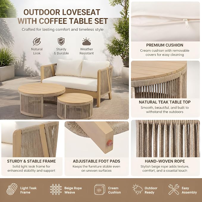 Christopher Knight Home Dalba Acacia Wood Outdoor Loveseat and Coffee Table Set, 3 Piece Patio Furniture Set with Removable Cushion, Solid Wood Outdoor Conversation Set, Light Teak+Beige
