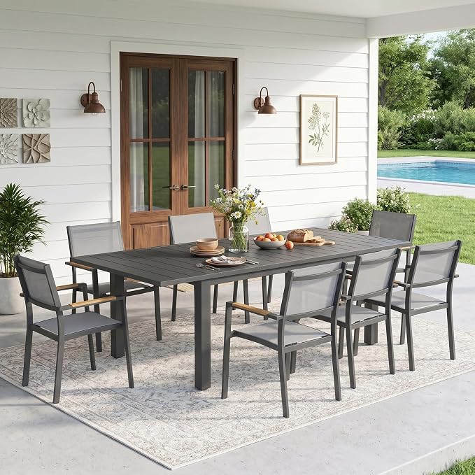 RoyalCraft Aluminum Outdoor Patio Table and Chairs Set with 91.33" L -39.37" W Expandable Dining Table, 9-Pieces Patio Furniture Set for 8, Patio Table Set with Stackable Quick Drying Chairs, Grey