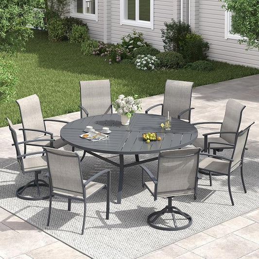 VICLLAX 9 Pieces Patio Dining Set for 8, 60.1" Round Outdoor Table and Chairs (4 Patio Fixed Chairs and 4 Swivel Chairs) for Deck Garden, Dark Grey