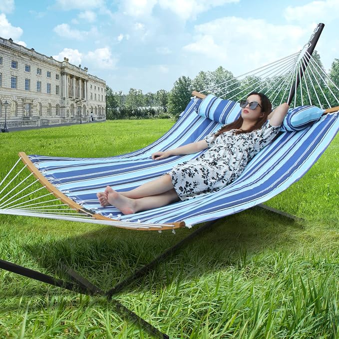 Hammock with 12.8 Feet Stand & Curved Bamboo Spreader Bar Double Hammocks 2 Person Heavy Duty Max 450lbs Capacity, Catalina Beach