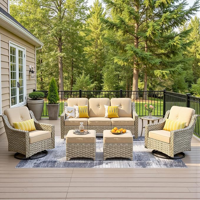 6 Piece Patio Furniture Set with Swivel Rocker Chairs, Outdoor Wicker High Back Sofa Glider Chair Ottoman with Cushion, All Weather Conversation Sets for Backyard Poolside Deck Beige