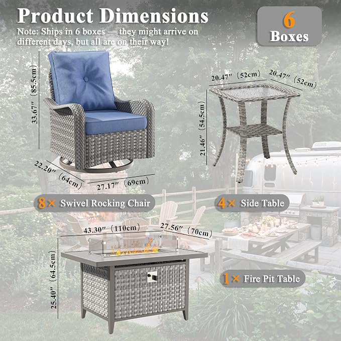 13 Piece Wicker Patio Furniture Set with 55,000 BTU Fire Pit Table, Swivel Rocking Chairs, 4''Cushions, PE Rattan, Wind Guard Glass, for Backyard, Deck or Balcony, Navy