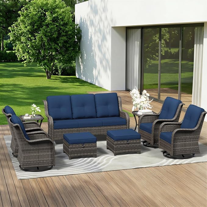 9 Piece Outdoor Wicker Patio Furniture Set, Outdoor Swivel Rocker Patio Chairs Set with Thickened Olefin Cushions, High Back and Deep Seating, Hand-Woven PE Rattan for Porch, Deck