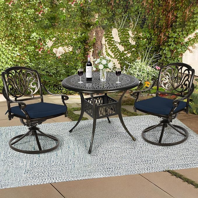 3-Piece Outdoor Patio Dining Set, All-Weather Cast Aluminum Patio Furniture Set for Backyard Garden Deck with 2 Swivel Cushioned Chairs and 35.4” Round Table, 2" Umbrella Hole, Navy Blue