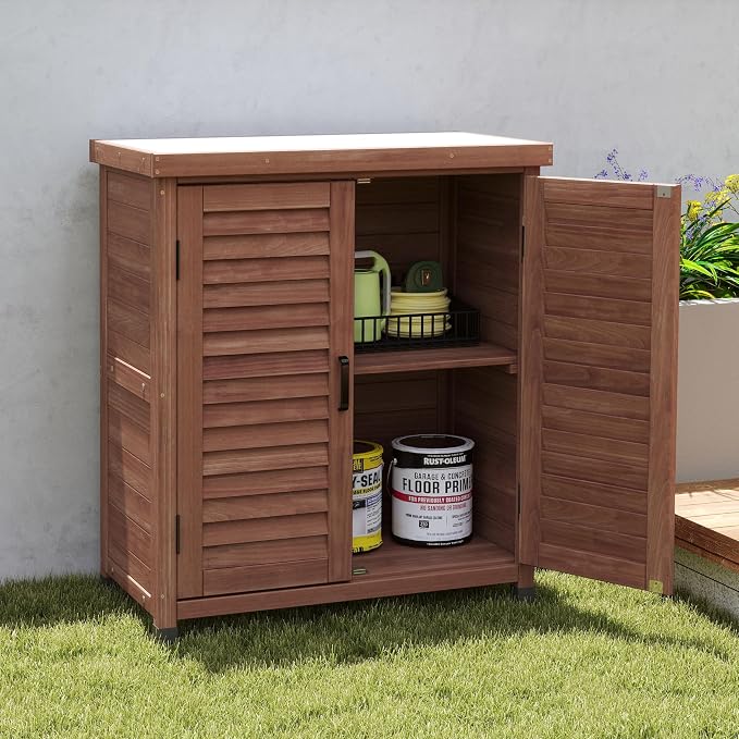 Wooden Outdoor Storage Cabinet, Outdoor Bar Table Cabinet with Storage, Outdoor Buffet Sideboard for Patio, Garden, Potting Bench, TV Stand, Bar Table, Balcony, Brown