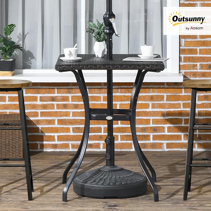 Outsunny Patio Wicker Dining Table with Umbrella Hole, 34 Inch Outdoor PE Rattan Coffee Table with Plastic Board Under The Woven Table Top for Patio, Garden, Balcony, Mixed Brown