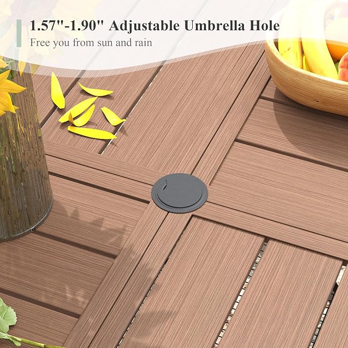 Round Patio Dining Set for 10, Outdoor Furniture Set of 63 Round Metal Table with Umbrella Hole and Stackable Wicker Patio Chairs for Backyard Lawn Garden, Walnut Chairs, Walnut Table
