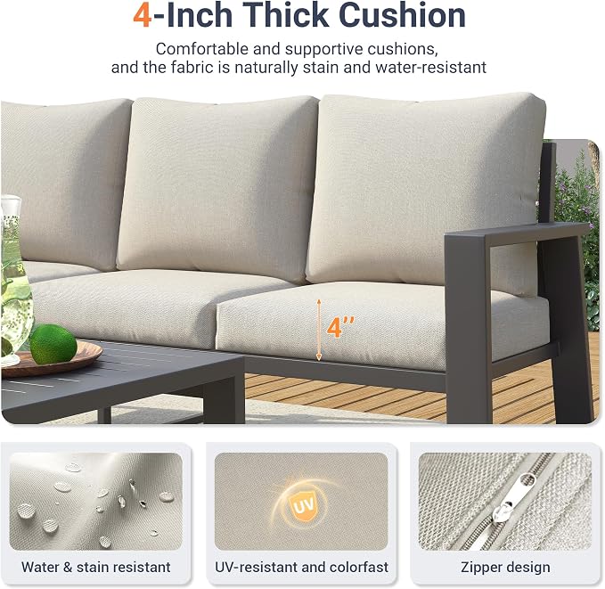 UDPATIO Aluminum Outdoor Patio Furniture Set 5 Pieces Metal Patio Conversation Sets Modern Sofa Seating Set with Coffee Table for Deck,Garden Backyard, Beige