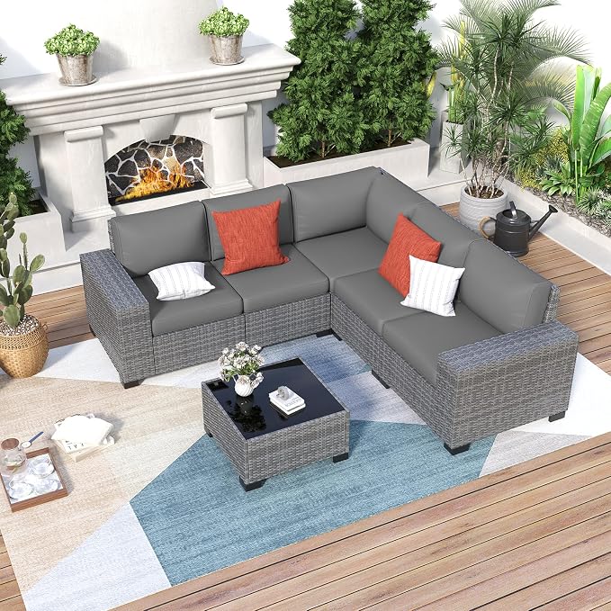 6 Pieces Patio Furniture Set, Wide Arm Outdoor Patio Sectional Couch Set, All Weather Wicker Rattan Conversation Set w/Cushions and Glass Table and Waterproof Cover, Grey & Grey