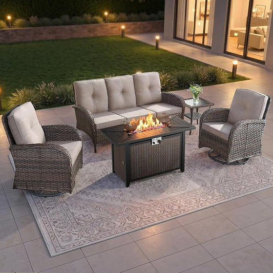 5 Piece Patio Furniture Set with Fire Pit Table - Wicker Patio Conversation Set with Swivel Glider, 3-Seat Sofa, Tempered Glass Side Table for Deck Backyard - Brown Wicker Beige Cushion