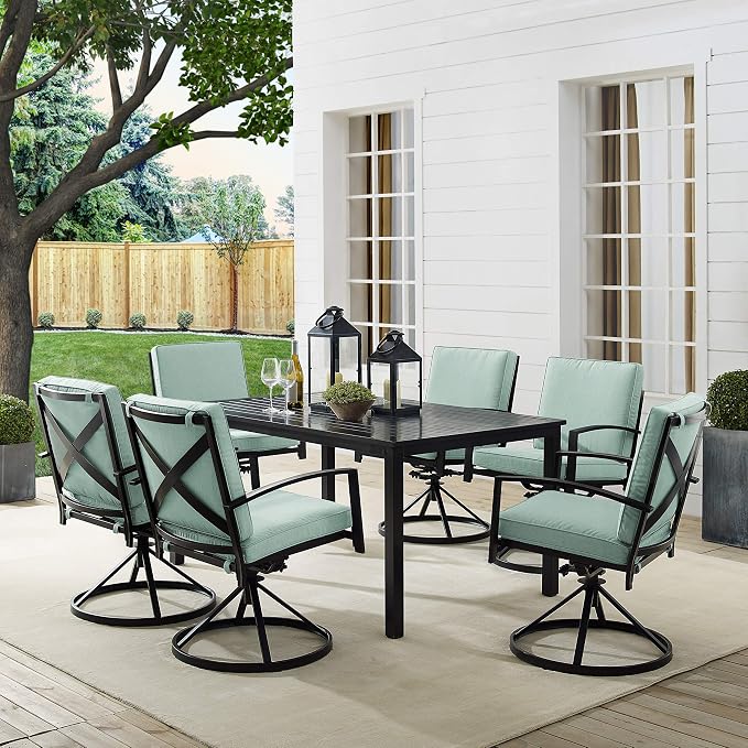 Crosley Furniture Kaplan 7-Piece Outdoor Dining Set for 6, Patio Table and Chairs for Backyard, Deck, Oiled Bronze with Mist Cushions