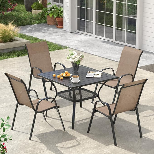 VICLLAX Square Patio Dining Set for 4, Metal Slatted Patio Table with Umbrella Hole and Stackable Patio Chairs for Deck Lawn Garden, Brown Fabric and Black Tabletop