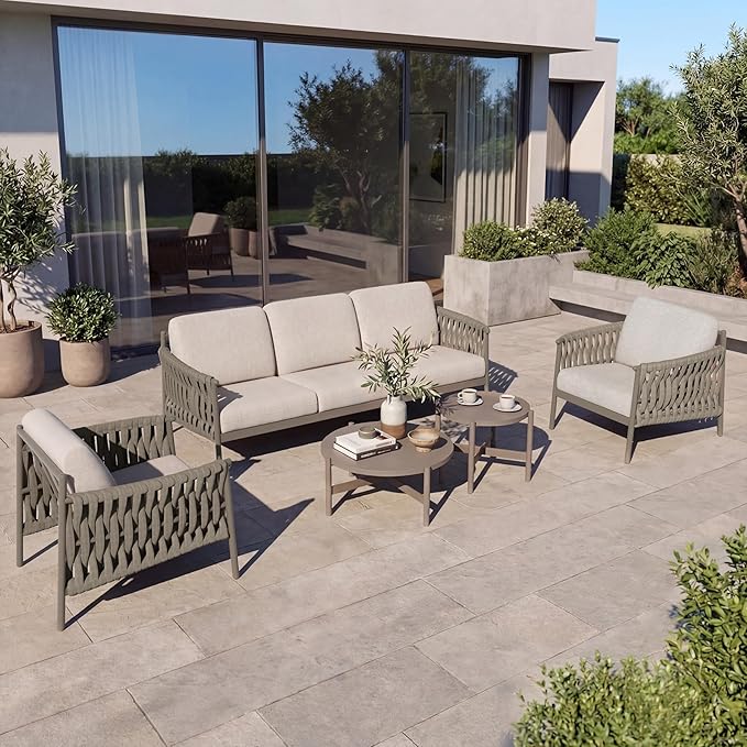 Grand patio 5-Piece Outdoor Furniture Set, Outdoor Sofa Set with 2 Round Side Tables, Modern Metal Patio Couch with 6-inch Thick Waterproof Cushions for Porch Deck Backyard