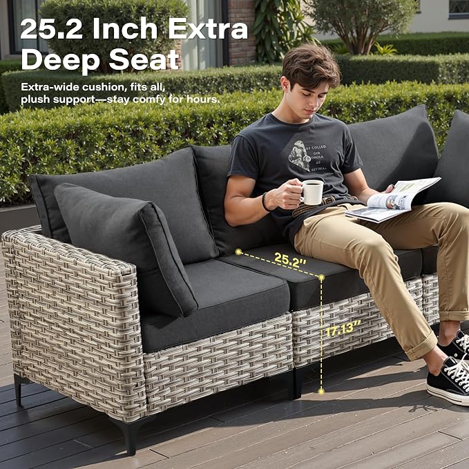 11 Pieces Outdoor Sectional Patio Furniture Set with 54" Fire Pit,Wicker Conversation Sets Rattan L Shaped Couch Swivel Rocking Chairs,Modular Outdoor Sofa for Porch Balcony Backyard Black