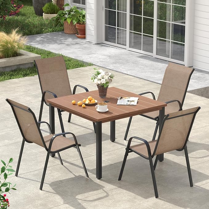 VICLLAX Square Outdoor Patio Dining Set, Metal Slatted Patio Table with Umbrella Hole and 4 Stackable Patio Chairs for Deck Lawn Garden, Brown Fabric and Walnut Tabletop