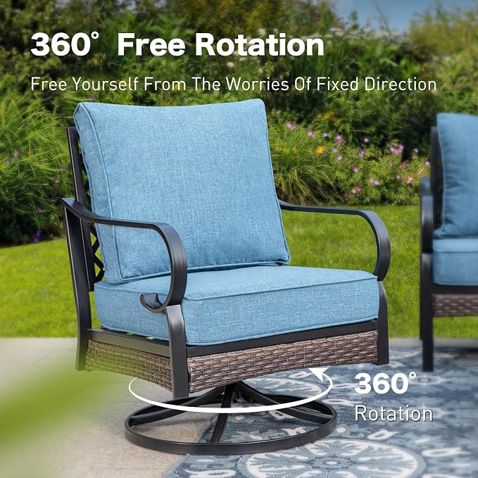 SUNSHINE VALLEY 5 PCS Metal Outdoor Patio Furniture Set, Patio Conversation Sets 1 3-Seater Sofa, 2 Swivel Chairs with 5.75" Extra Thick Cushion & Coffee Table, Black Backyard Furniture, Denim Blue