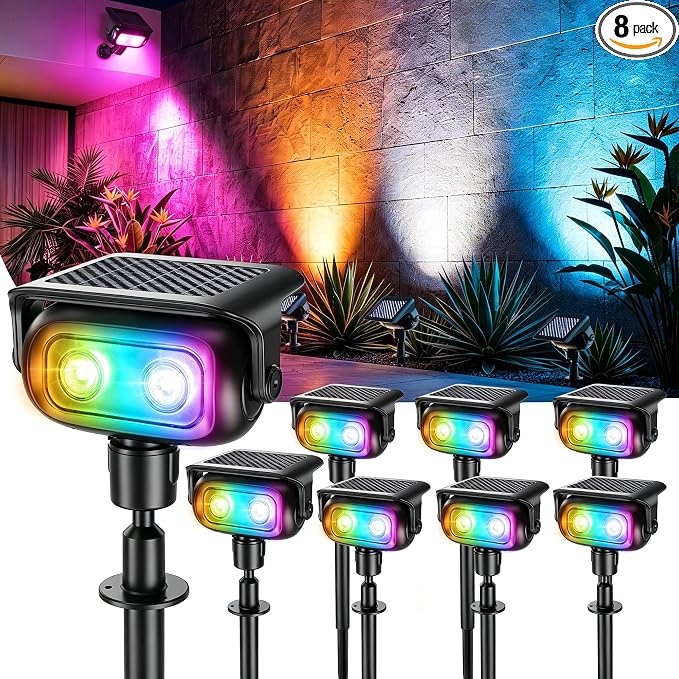 Brizled Solar Spot Light Outdoor Landscape Lighting RGB Color Spotlight | 360° Rotation Head; 9 Color & 11 Mode; IP65 Waterproof; Adjustable Height; Stake or Wall Mounted for Yard Tree Garden Pathway