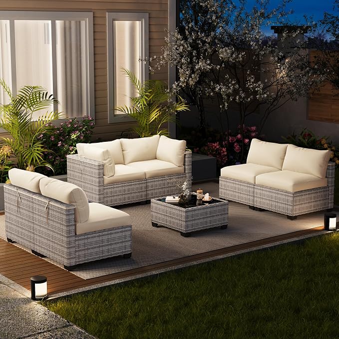 LOUVIXA 7 Piece Outdoor Patio Furniture Set, Outdoor Sectional Sofa, Wicker Rattan Patio Furniture, Patio Conversation Set with Coffee Table & Cushions