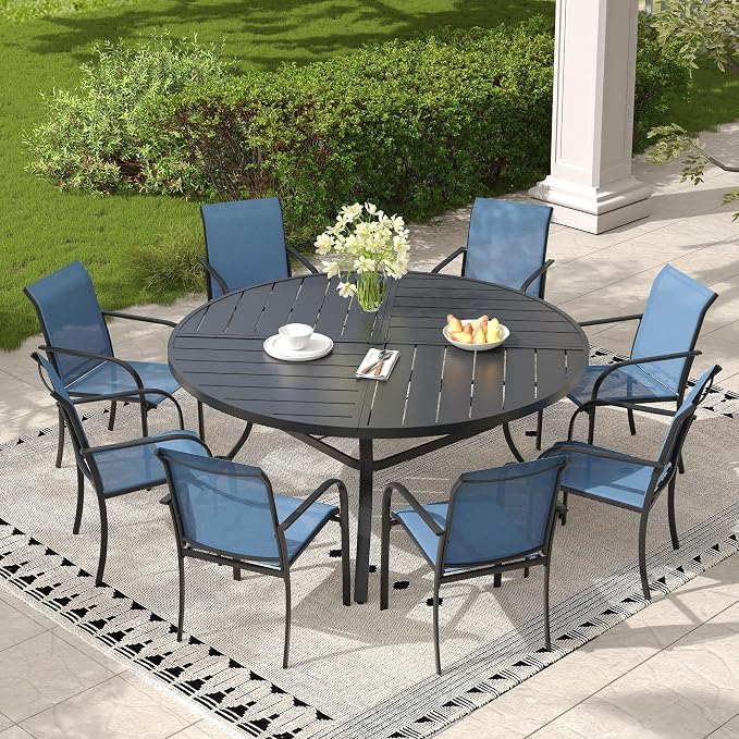 Patio Table and Chairs Sets for 8, Outdoor Dining Set with 8 Stackable Dining Chairs and 54" x 54" Round Thick Slatted Table for Backyard, Deck, Lawn, Garden, Dark Blue & Black