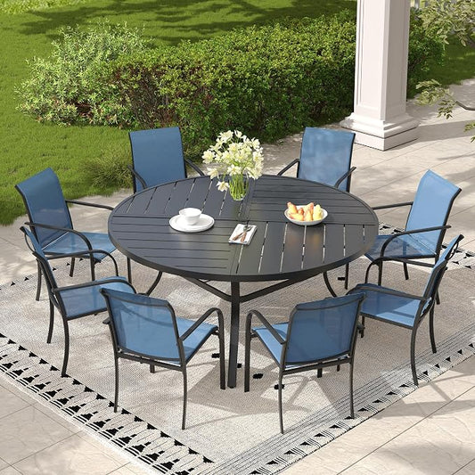 Patio Table and Chairs Sets for 8, Outdoor Dining Set with 8 Stackable Dining Chairs and 54" x 54" Round Thick Slatted Table for Backyard, Deck, Lawn, Garden, Dark Blue & Black