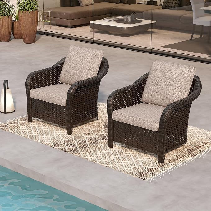 Patio PE Rattan Chairs Set of 2, All-Weather & Steel Frame Outdoor Conversation Furniture Set with Washable Cushions for Garden, Bistro, Deck, Yard (Beige)