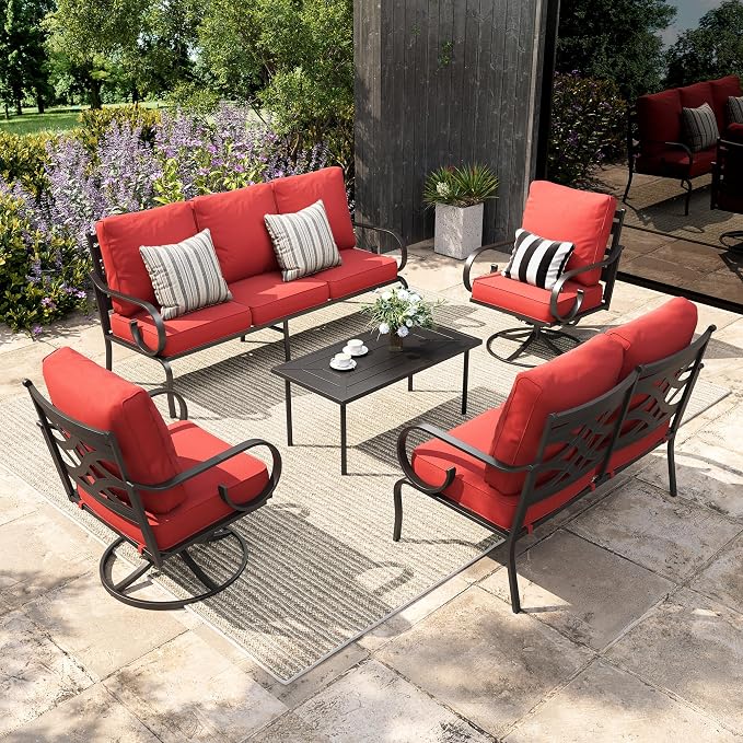 Sophia & William Patio Conversation Set for 7, a Loveseat, 3-Seater Sofa, 2 Swivel Chairs and a Coffee Table, Outdoor Metalio Conversation Set with 5.75" Extra Thick Cushions, Red