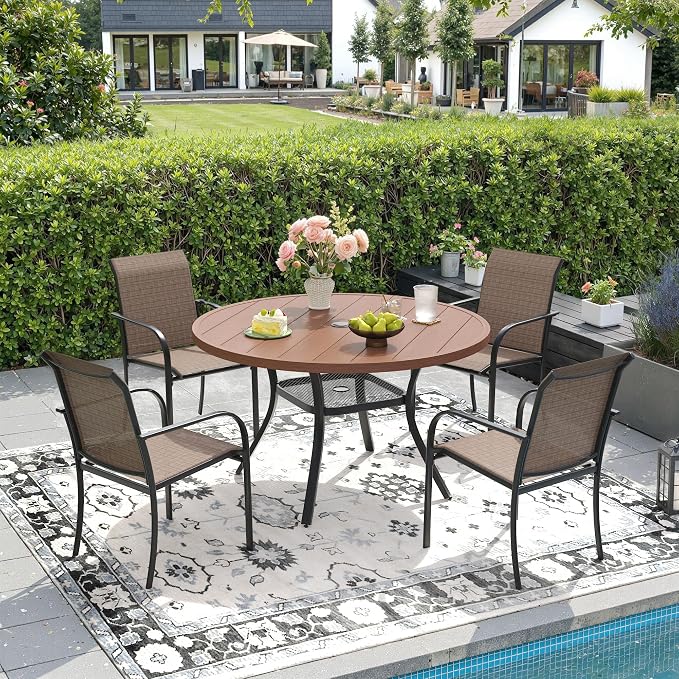 DIFY Outdoor Dining Set for 4, Patio Dining Furniture Set Includes 42" Walnut Round Table with Adjustable Umbrella Hole and 4 Brown Stackable Metal Chairs for Poolside, Garden, Backyard