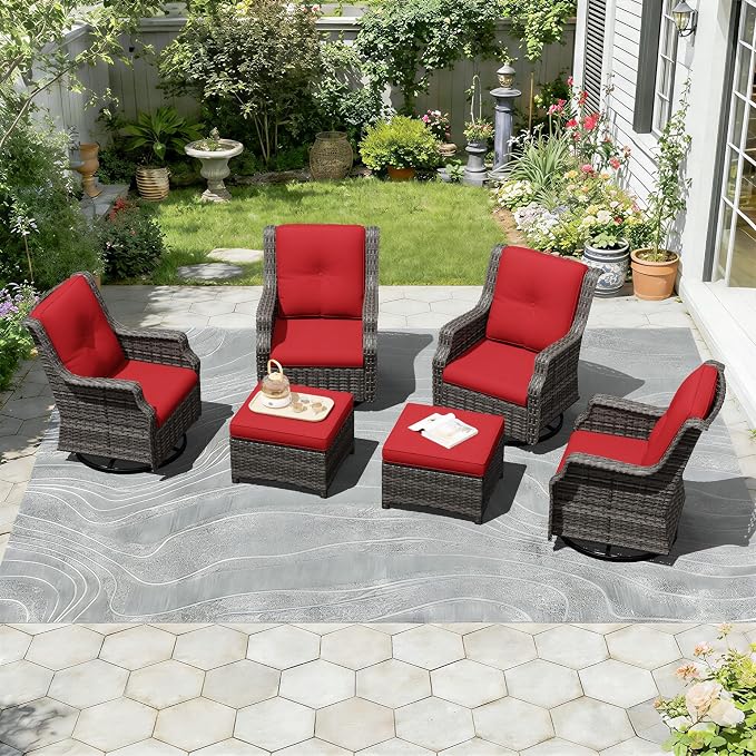 Outdoor Patio Furniture Set, 6 Piece Wicker Patio Furniture with Thick Cushions, Curved Armrest, Deep Seating, Outdoor Swivel Rocker Chairs for Porch, Deck, Balcony