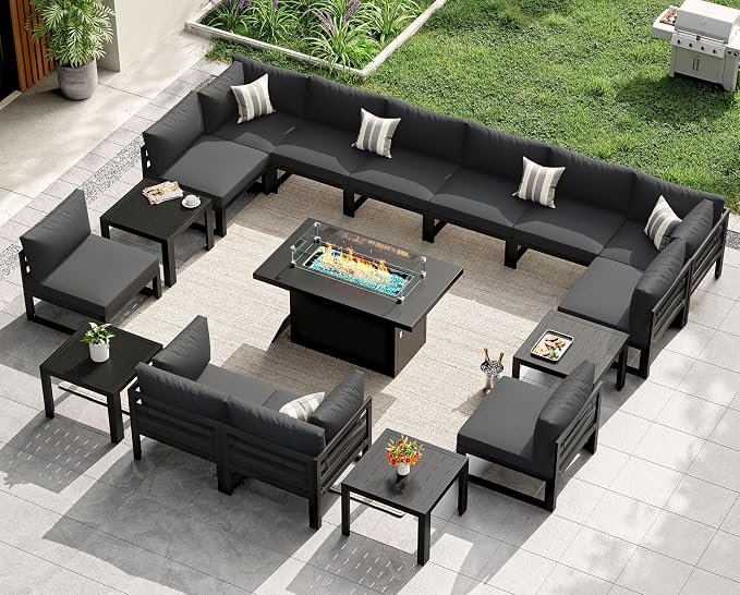 NICESOUL 17 Piece Luxury Aluminum Outdoor Sectional Sofa with Fire Pit Table & End Table, L Shaped Oversized Modular Patio Furniture Set, 500 lbs Heavy Duty Conversation Set for Backyard, Dark Gray