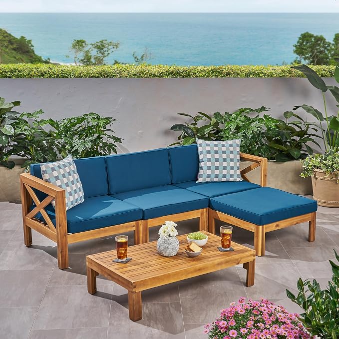 Merax Patio Furniture Set L-Shape Sofa with Table and Cushions for 3-Person, Acacia Wood Outdoor Conversation Set for Patio Deck Backyard Poolside (Teak)