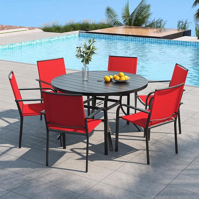 Anmutig 7-Piece Outdoor Dining Set, 48'' Round Table with 6 Stackable Chairs All Weather Furniture Set - Cherry Red