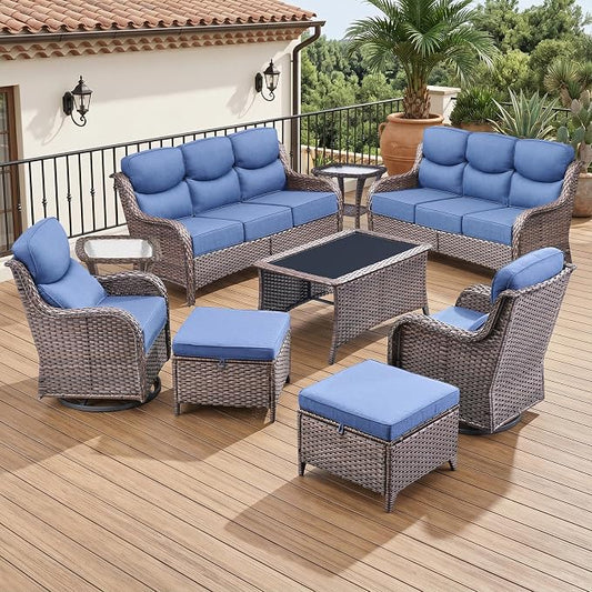 Luxury 6" Thick Cushion 9 Pieces Wicker Patio Furniture Set with High Back Swivel Rocker Chairs, Outdoor Conversation Set with Patio Couch for Deck Porch Yard and Poolside