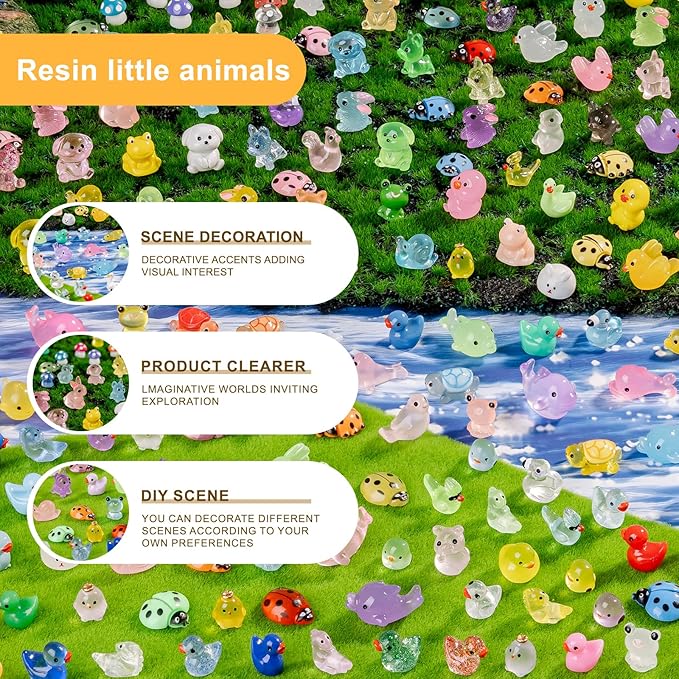200 pcs Luminous Mini Resin Animals Many Styles Variety Tiny Animals Figures Miniature Little Small Animal Figurines Bulk for Micro Fairy Garden Landscape Accessories Hide Crafts Decor Aquarium